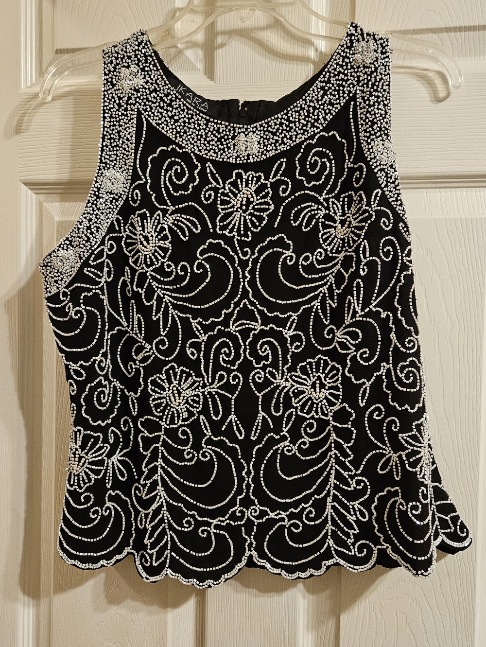 J Kara Black Tank Top with White Beaded Floral Embroidery